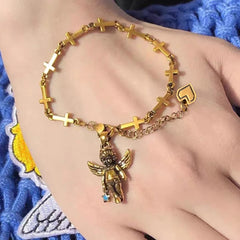 Retro Style Bronze Lucky Star Angel & Heart Cross Bracelet