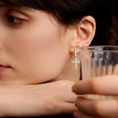 Moissanite Cross Drop Huggie Earrings in 925 Sterling Silver