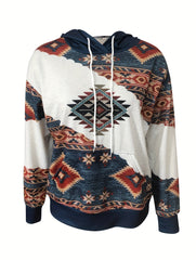 Women's Aztec Print Drawstring Hoodie with Kangaroo Pocket, Long Sleeve