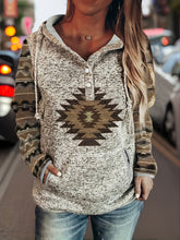 Women's Aztec Print Hoodie with Button Front, Drawstring, and Kangaroo Pocket – Trendy Casual Look