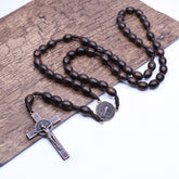 Brown Wooden Rosary Necklace – Rice-Shaped Beads with Antique Copper Cross