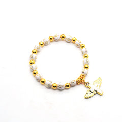 Angel Cross Rosary Bracelet – Gold Beads with Rose Design