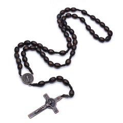 Vintage Wooden Rosary Necklace – Handcrafted Rice-Shaped Beads with Cross