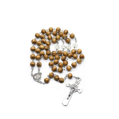 St. Benedict Wooden Rosary Necklace – Handcrafted Pine Beads with Cross
