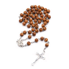 Carved Pine Wood Rosary Necklace – Evil Eye Beads with Cross