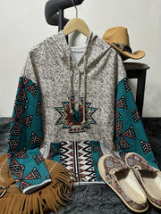 Western Ethnic Print Button Drawstring Hoodie, Vintage Long Sleeve Kangaroo Pocket Sweatshirt, Women's Clothing