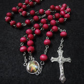 Burgundy Wooden Rosary Necklace – Cross Pendant