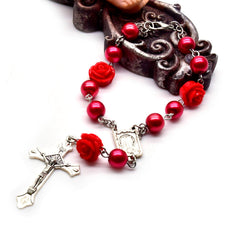 8mm Pearl Rosary Bracelet – Rose Beads with Cross (Car Charm)