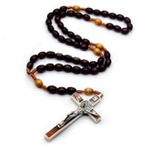 Dark Brown Wooden Rosary Necklace – Rice-Shaped Beads with Cross