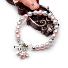 Angel Cross Pearl Bracelet – White & Pink Baptism Rosary