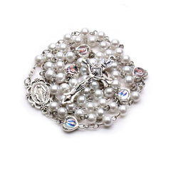 Faith Pearl Rosary Necklace – Cross & Sacred Medal Design (6mm Beads)