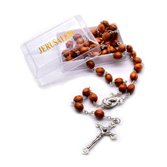 Jerusalem Pine Wood Rosary Necklace – Cross with Gift Box