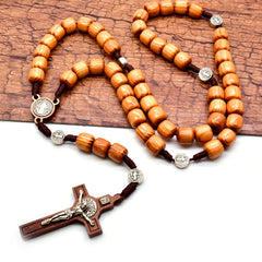 Pine Wood Cylinder Rosary Necklace – Handcrafted Cross with Cord