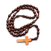 Vintage Wooden Rosary Necklace – Handcrafted Brown Rice-Shaped Beads