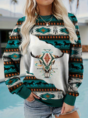 Women's Vintage Bull Head Print Crew Neck Sweatshirt – Soft Long Sleeve with Tribal Pattern, Perfect for All Seasons