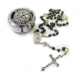 Catholic Black Obsidian Rosary Necklace – Angel Medal with Gift Box