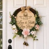 Love & Faith Live Here, Jesus Welcome Door Sign with Greenery Wreath – Farmhouse Front Door Decor for Indoor & Outdoor Home, Housewarming Gift with Bonus Damage-Free Hook