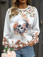 Women's Plus Size Floral Skull Print Sweatshirt, Casual Crew Neck Pullover, All-Season Fashion