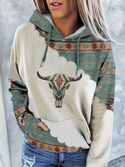 Women's Aztec Print Crew Neck Hoodie with Drawstring & Kangaroo Pocket – Soft, Vintage-Inspired, Ideal for Spring & Fall