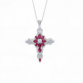 Baroque Ruby & Moissanite Cross Pendant Necklace in Sterling Silver