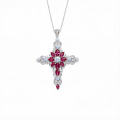 Baroque Ruby & Moissanite Cross Pendant Necklace in Sterling Silver