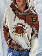 Vintage Aztec Print Hoodie for Women - Machine Washable, Comfort Stretch, All-Season Casual Crew Neck