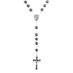 Madonna and Child & Crucifix of 8 mm Round Black Hematite Alloy Chain Rosary