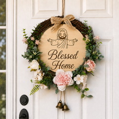 Blessed Home, Jesus Welcome Door Sign with Greenery Wreath – Farmhouse Front Door Decor for Indoor & Outdoor Home, Housewarming Gift with Bonus Damage-Free Hook