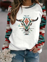 Women's Aztec & Cow Skull Print Raglan Crew Neck Sweatshirt – Soft, Cozy Essential for Fall & Winter