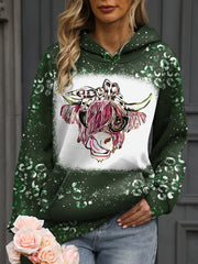 Women's Cow Head Print Hoodie with Kangaroo Pocket, Long Sleeve, and Fleece Lining – Ideal for Daily Wear