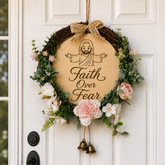 Faith Over Fear, Jesus Welcome Door Sign with Greenery Wreath – Farmhouse Front Door Decor for Indoor & Outdoor Home, Housewarming Gift with Bonus Damage-Free Hook