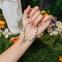 Virgin Mary Cross Beaded Bracelet White & Gold Faith Jewelry