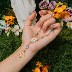 Our Lady of Grace Rosary Cross Bracelet – Gold & Blue Faith Protection Jewelry