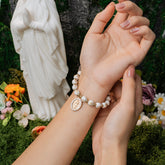 Virgin Mary Cross Beaded Bracelet White & Gold Faith Jewelry