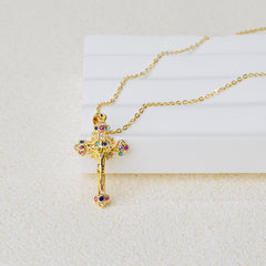 Radiant Cross Necklace – Christian Faith Jewelry with Multicolor Gemstones