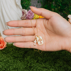 Double Cross Gold Necklace – Christian Faith Pendant with Sparkling Stones of Light & Grace