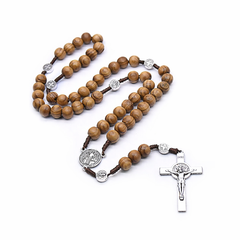 Catholic Pine Wood Rosary Necklace – Handcrafted Beads with Cross Pendant