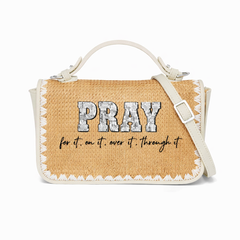 Pray Newspaper Print Christian Faith Straw Baguette Crossbody Bag