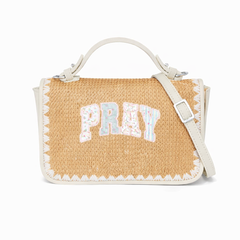 Pray Varsity Print Christian Faith Straw Baguette Crossbody Bag