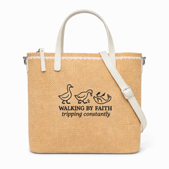 Walking by Faith Tripping Constantly Print Christian Faith Straw Crossbody Tote Bag