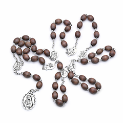 Seven Sorrows Rosary Necklace – Long Wooden Beads with Cross