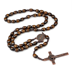 Wooden Rosary Necklace with Crucifix & Saint Benedict Medal