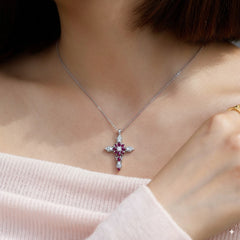 Baroque Ruby & Moissanite Cross Pendant Necklace in Sterling Silver