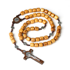 Catholic Wooden Rosary Necklace with St. Benedict Cross – Handcrafted Barrel Bead Prayer Rosary