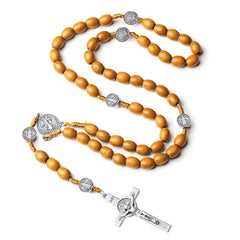 Catholic Wooden Rosary with St. Benedict Medal & Crucifix – Handmade Prayer Beads Necklace