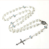 Catholic Pearl Rosary Necklace with Cross & Mary Medal