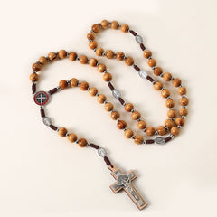 Wooden Rosary Necklace with Cross & Saint Benedict Medal