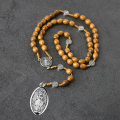Catholic Wooden Rosary Necklace with Miraculous Medal & St. Benedict Charm