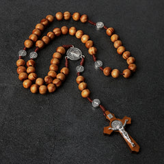 St. Benedict Wooden Rosary with Crucifix – Catholic Prayer Beads Necklace