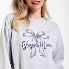 Blessed Mom Bow Embroidered Crewneck Sweatshirt